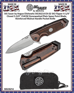 SIG Sauer by Hogue SIG36214 Elishewitz EX-02 SIG Flipper 5-1/8" Closed 3-3/4" 154CM Stonewashed Plain Spear Point Plain Blade, Reinforced Walnut Handles, Liner Lock Pocket knife