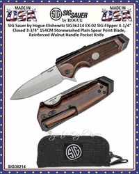 SIG Sauer by Hogue SIG36214 Elishewitz EX-02 SIG Flipper 5-1/8" Closed 3-3/4" 154CM Stonewashed Plain Spear Point Plain Blade, Reinforced Walnut Handles, Liner Lock Pocket knife SIG Sauer by Hogue SIG36214 Elishewitz EX-02 SIG Flipper 5-1/8" Closed 3-3/4" 154CM Stonewashed Plain Spear Point Plain Blade, Reinforced Walnut Handles, Liner Lock Pocket knife