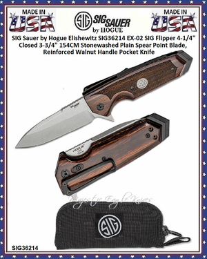 SIG Sauer by Hogue SIG36214 Elishewitz EX-02 SIG Flipper 5-1/8" Closed 3-3/4" 154CM Stonewashed Plain Spear Point Plain Blade, Reinforced Walnut Handles, Liner Lock Pocket knife