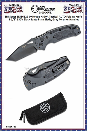 SIG Sauer by Hogue SIG36322 K320A Tactical AUTO Folding Knife 3.5" S30V Black Tanto Plain Blade, Gray Polymer Handles  