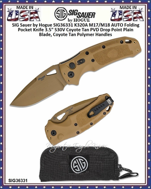 SIG Sauer by Hogue SIG36331 K320A M17/M18 AUTO Folding Knife 4-1/2" Closed 3-1/2" S30V Coyote Tan PVD Drop Point Plain Blade, Coyote Tan Polymer Handles