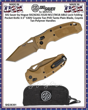 SIG Sauer by Hogue SIG36361 K320 M17/M18 ABLE Lock Folding Knife 4-1/2" Closed 3-1/2" S30V Coyote Tan PVD Tanto Plain Blade, Coyote Tan Polymer Handles, AXIS/Crossbar Lock Pocket knife