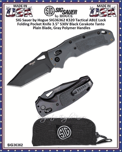 SIG Sauer by Hogue SIG36362 K320 Tactical ABLE Lock Folding Knife 4-1/2" Closed 3-1/2" S30V Black Cerakote Tanto Plain Blade, Gray Polymer Handles, AXIS/Crossbar Lock Pocket Knife