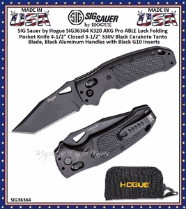 SIG Sauer by Hogue SIG36364 K320 AXG Pro ABLE Lock Folding Knife 4-1/2" Closed 3.5" S30V Black Cerakote Tanto Blade, Black Aluminum Handles with Black G10 Inserts, AXIS/Crossbar Lock 