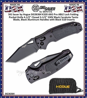 SIG Sauer by Hogue SIG36364 K320 AXG Pro ABLE Lock Folding Knife 4-1/2" Closed 3.5" S30V Black Cerakote Tanto Blade, Black Aluminum Handles with Black G10 Inserts, AXIS/Crossbar Lock SIG Sauer by Hogue SIG36364 K320 AXG Pro ABLE Lock Folding Knife 4-1/2" Closed 3.5" S30V Black Cerakote Tanto Blade, Black Aluminum Handles with Black G10 Inserts, AXIS/Crossbar Lock