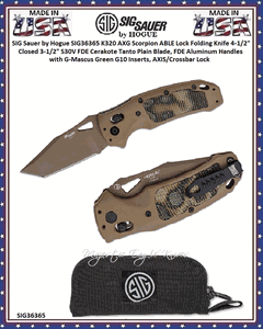 SIG Sauer by Hogue SIG36365 K320 AXG Scorpion ABLE Lock Folding Knife 4-1/2" Closed 3-1/2" S30V FDE Cerakote Tanto Plain Blade, FDE Aluminum Handles with G-Mascus Green G10 Inserts, AXIS/Crossbar Lock 