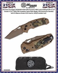 SIG Sauer by Hogue SIG36365 K320 AXG Scorpion ABLE Lock Folding Knife 4-1/2" Closed 3-1/2" S30V FDE Cerakote Tanto Plain Blade, FDE Aluminum Handles with G-Mascus Green G10 Inserts, AXIS/Crossbar Lock SIG Sauer by Hogue SIG36365 K320 AXG Scorpion ABLE Lock Folding Knife 4-1/2" Closed 3-1/2" S30V FDE Cerakote Tanto Plain Blade, FDE Aluminum Handles with G-Mascus Green G10 Inserts, AXIS/Crossbar Lock