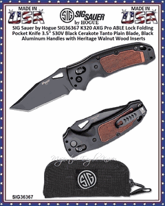 SIG Sauer by Hogue SIG36367 K320 AXG Pro ABLE Lock Folding Knife 4-1/2" Closed 3-1/2" S30V Black Cerakote Tanto Plain Blade, Black Aluminum Handles with Heritage Walnut Wood Inserts, AXIS/Crossbar Lock 