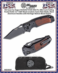 SIG Sauer by Hogue SIG36367 K320 AXG Pro ABLE Lock Folding Knife 4-1/2" Closed 3-1/2" S30V Black Cerakote Tanto Plain Blade, Black Aluminum Handles with Heritage Walnut Wood Inserts, AXIS/Crossbar Lock SIG Sauer by Hogue SIG36367 K320 AXG Pro ABLE Lock Folding Knife 4-1/2" Closed 3-1/2" S30V Black Cerakote Tanto Plain Blade, Black Aluminum Handles with Heritage Walnut Wood Inserts, AXIS/Crossbar Lock