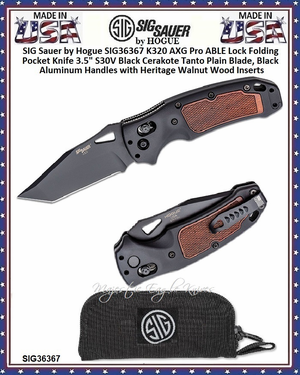 SIG Sauer by Hogue SIG36367 K320 AXG Pro ABLE Lock Folding Knife 4-1/2" Closed 3-1/2" S30V Black Cerakote Tanto Plain Blade, Black Aluminum Handles with Heritage Walnut Wood Inserts, AXIS/Crossbar Lock 