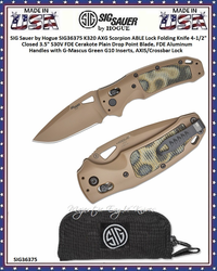 SIG Sauer by Hogue SIG36375 K320 AXG Scorpion ABLE Lock Folding Knife 4-1/2" Closed 3.5" S30V FDE Cerakote Plain Drop Point Blade, FDE Aluminum Handles with G-Mascus Green G10 Inserts, AXIS/Crossbar Lock SIG Sauer by Hogue SIG36375 K320 AXG Scorpion ABLE Lock Folding Knife 4-1/2" Closed 3.5" S30V FDE Cerakote Plain Drop Point Blade, FDE Aluminum Handles with G-Mascus Green G10 Inserts, AXIS/Crossbar Lock