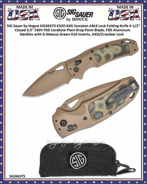 SIG Sauer by Hogue SIG36375 K320 AXG Scorpion ABLE Lock Folding Knife 4-1/2" Closed 3.5" S30V FDE Cerakote Plain Drop Point Blade, FDE Aluminum Handles with G-Mascus Green G10 Inserts, AXIS/Crossbar Lock SIG Sauer by Hogue SIG36375 K320 AXG Scorpion ABLE Lock Folding Knife 4-1/2" Closed 3.5" S30V FDE Cerakote Plain Drop Point Blade, FDE Aluminum Handles with G-Mascus Green G10 Inserts, AXIS/Crossbar Lock