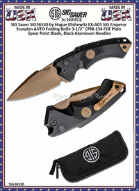 SIG Sauer by Hogue SIG36530 Elishewitz EX-A05 SIG Emperor Scorpion AUTO Folding Knife 3.5" CPM-154 FDE Plain Spear Point Blade, Black Aluminum Handles