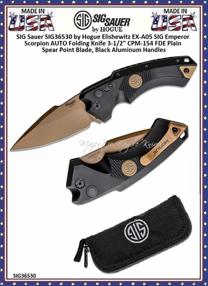 SIG Sauer by Hogue SIG36530 Elishewitz EX-A05 SIG Emperor Scorpion AUTO Folding Knife 3.5" CPM-154 FDE Plain Spear Point Blade, Black Aluminum Handles SIG Sauer by Hogue SIG36530 Elishewitz EX-A05 SIG Emperor Scorpion AUTO Folding Knife 3.5" CPM-154 FDE Plain Spear Point Blade, Black Aluminum Handles