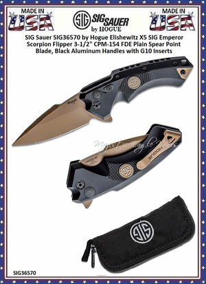 SIG Sauer by Hogue SIG36570 Elishewitz X5 SIG Emperor Scorpion Flipper 3.5" CPM-154 FDE Plain Spear Point Blade, Black Aluminum Handles with G10 Inserts, Button Lock 