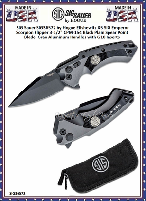 SIG Sauer by Hogue SIG36572 Elishewitz X5 SIG Emperor Scorpion Flipper 3.5" CPM-154 Black Plain Spear Point Blade, Gray Aluminum Handles with G10 Inserts, Button Lock SIG Sauer by Hogue SIG36572 Elishewitz X5 SIG Emperor Scorpion Flipper 3.5" CPM-154 Black Plain Spear Point Blade, Gray Aluminum Handles with G10 Inserts, Button Lock