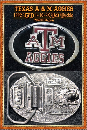 Siskiyu Buckel Company Inc Williams OR. 1992 ATM Aggies Belt Buckle