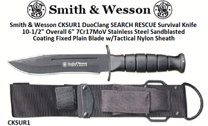 Smith & Wesson CKSUR1 Duo Clang SEARCH RESCUE Survival Knife 10-1/2" Overall 6" 7Cr17MoV Stainless Steel Sandblasted Coating Fixed Plain Blade w/Tactical Nylon Sheath
