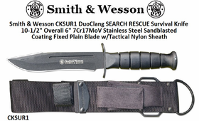 Smith & Wesson CKSUR1 Duo Clang SEARCH RESCUE Survival Knife 10-1/2" Overall 6" 7Cr17MoV Stainless Steel Sandblasted Coating Fixed Plain Blade w/Tactical Nylon Sheath Smith & Wesson CKSUR1 Duo Clang SEARCH RESCUE Survival Knife 10-1/2" Overall 6" 7Cr17MoV Stainless Steel Sandblasted Coating Fixed Plain Blade w/Tactical Nylon Sheath