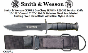 Smith & Wesson CKSUR1 Duo Clang SEARCH RESCUE Survival Knife 10-1/2" Overall 6" 7Cr17MoV Stainless Steel Sandblasted Coating Fixed Plain Blade w/Tactical Nylon Sheath