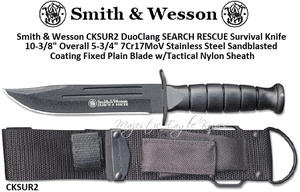 Smith & Wesson CKSUR2 Duo Clang SEARCH RESCUE Survival Knife 10-1/2" Overall 6" 7Cr17MoV Stainless Steel Sandblasted Coating Fixed Plain Blade w/Tactical Nylon Sheath