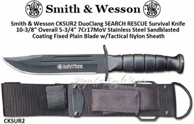 Smith & Wesson CKSUR2 Duo Clang SEARCH RESCUE Survival Knife 10-1/2" Overall 6" 7Cr17MoV Stainless Steel Sandblasted Coating Fixed Plain Blade w/Tactical Nylon Sheath Smith & Wesson CKSUR2 Duo Clang SEARCH RESCUE Survival Knife 10-1/2" Overall 6" 7Cr17MoV Stainless Steel Sandblasted Coating Fixed Plain Blade w/Tactical Nylon Sheath