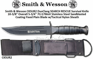 Smith & Wesson CKSUR2 Duo Clang SEARCH RESCUE Survival Knife 10-1/2" Overall 6" 7Cr17MoV Stainless Steel Sandblasted Coating Fixed Plain Blade w/Tactical Nylon Sheath Smith & Wesson CKSUR2 Duo Clang SEARCH RESCUE Survival Knife 10-1/2" Overall 6" 7Cr17MoV Stainless Steel Sandblasted Coating Fixed Plain Blade w/Tactical Nylon Sheath