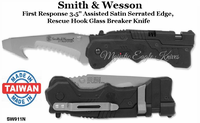 Smith & Wesson First Response 3.5" Assisted Satin Serrated Edge, Rescue Hook Glass Breaker Knife Smith & Wesson First Response 3.5" Assisted Satin Serrated Edge, Rescue Hook Glass Breaker Knife
