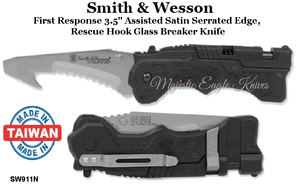 Smith & Wesson First Response 3.5" Assisted Satin Serrated Edge, Rescue Hook Glass Breaker Knife