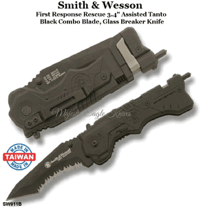 Smith & Wesson First Response 3.4" Assisted Satin Serrated Edge, Rescue Hook Glass Breaker Knife