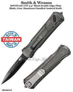 Smith & Wesson SW1084314 OTF MPOTF10G Assisted Knife 3.5" Black Double Edge Blade, Gray Aluminum Handled Knife