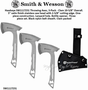 Smith & Wesson SW1117231 Hawkeye Throwing Axes w/10i" Full Tang Stainless Steel Design, Bottle Opener and Nylon Sheath for Recreation and Competition, 3 pack