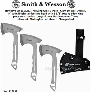 Smith & Wesson SW1117231 Hawkeye Throwing Axes w/10i" Full Tang Stainless Steel Design, Bottle Opener and Nylon Sheath for Recreation and Competition, 3 pack Smith & Wesson SW1117231 Hawkeye Throwing Axes w/10i" Full Tang Stainless Steel Design, Bottle Opener and Nylon Sheath for Recreation and Competition, 3 pack