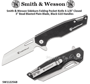 Smith & Wesson SW1122568 Sideburn Folding Pocket Knife 3" Bead Blasted Plain Blade, Black G10 Handles 