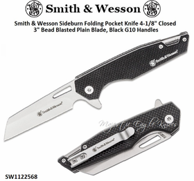 Smith & Wesson SW1122568 Sideburn Folding Pocket Knife 3" Bead Blasted Plain Blade, Black G10 Handles 