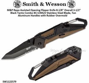 Smith & Wesson SW1122579 M&P Repo Assisted Opening Flipper Pocket Knife 3-1/2" Black Tanto Combo Blade, Tan Aluminum Handles with Rubber Overmold Smith & Wesson SW1122579 M&P Repo Assisted Opening Flipper Pocket Knife 3-1/2" Black Tanto Combo Blade, Tan Aluminum Handles with Rubber Overmold