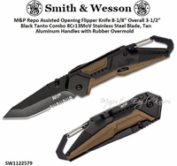 Smith & Wesson SW1122579 M&P Repo Assisted Opening Flipper Pocket Knife 3-1/2" Black Tanto Combo Blade, Tan Aluminum Handles with Rubber Overmold Smith & Wesson SW1122579 M&P Repo Assisted Opening Flipper Pocket Knife 3-1/2" Black Tanto Combo Blade, Tan Aluminum Handles with Rubber Overmold