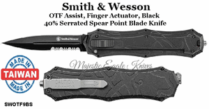 Smith & Wesson SWOTF9BS OTF Assist, Finger Actuator, Black 40% Serrated Spear Point Blade Knife