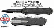 Smith & Wesson SWOTF9BS OTF Assist, Finger Actuator, Black 40% Serrated Spear Point Blade Knife Smith & Wesson SWOTF9BS OTF Assist, Finger Actuator, Black 40% Serrated Spear Point Blade Knife