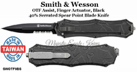 Smith & Wesson SWOTF9BS OTF Assist, Finger Actuator, Black 40% Serrated Spear Point Blade Knife Smith & Wesson SWOTF9BS OTF Assist, Finger Actuator, Black 40% Serrated Spear Point Blade Knife