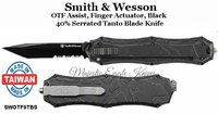 Smith & Wesson SWOTF9TBS OTF Assist, Finger Actuator, Black 40% Serrated Tanto Blade Knife Smith & Wesson SWOTF9TBS OTF Assist, Finger Actuator, Black 40% Serrated Tanto Blade Knife