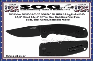 SOG Cutlery SOG15-38-01-57 TAC AU AUTO Folding Knife 3.43" D2 Black Drop Point Plain Blade, Black Aluminum Handles XR Lock 
