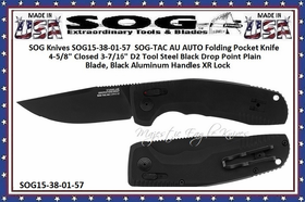 SOG Cutlery SOG15-38-01-57 TAC AU AUTO Folding Knife 3.43" D2 Black Drop Point Plain Blade, Black Aluminum Handles XR Lock SOG Cutlery SOG15-38-01-57 TAC AU AUTO Folding Knife 3.43" D2 Black Drop Point Plain Blade, Black Aluminum Handles XR Lock