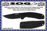 SOG Cutlery SOG15-38-01-57 TAC AU AUTO Folding Knife 3.43" D2 Black Drop Point Plain Blade, Black Aluminum Handles XR Lock 