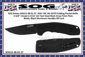 SOG Cutlery SOG15-38-01-57 TAC AU AUTO Folding Knife 3.43" D2 Black Drop Point Plain Blade, Black Aluminum Handles XR Lock SOG Cutlery SOG15-38-01-57 TAC AU AUTO Folding Knife 3.43" D2 Black Drop Point Plain Blade, Black Aluminum Handles XR Lock