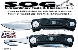 SOG Cutlery SOGBP-2 Bi-Polar Two Blade Assisted Opening Lockback Seat Cutter + 3" Black Plain Blade 