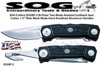 SOG Cutlery SOGBP-2 Bi-Polar Two Blade Assisted Opening Lockback Seat Cutter + 3" Black Plain Blade 