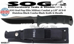 SOG Cutlery SOGE37T SEAL Pup Elite Black TiNi Tactical Hunter 4.85 Combo Blade w/Nylon Sheath SOG Cutlery SOGE37T SEAL Pup Elite Black TiNi Tactical Hunter 4.85 Combo Blade w/Nylon Sheath