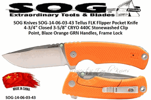 SOG Knives SOG-14-06-03-43 Tellus FLK Flipper Pocket Knife 4-3/4" Closed 3-5/8" CRYO 440C Stonewashed Clip Point, Blaze Orange GRN Handles, Frame Lock