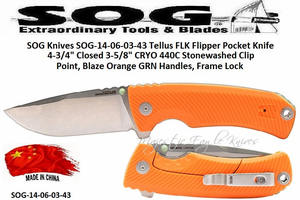 SOG Knives SOG-14-06-03-43 Tellus FLK Flipper Pocket Knife 4-3/4" Closed 3-5/8" CRYO 440C Stonewashed Clip Point, Blaze Orange GRN Handles, Frame Lock